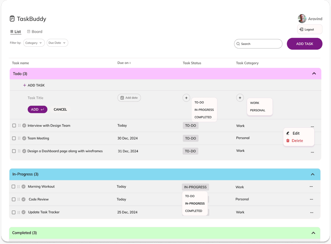 Task management interface preview